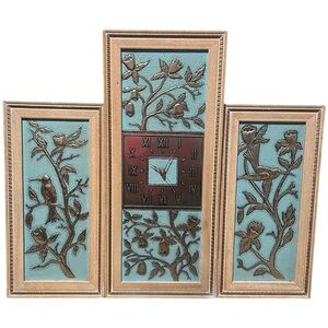 Veg Mid Century 3 Panel Teal/Green Wall Art Clock W/Hummingbirds & Tulips Quarts